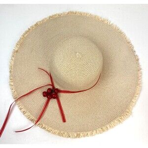 Wide Brim Straw Grass Woven Sun Hat with Cherries Womans Beach Boho Peasant